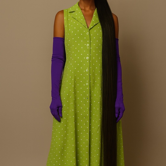Vintage Lime Polka Dot Button-Up Dress - Picture 1 of 3